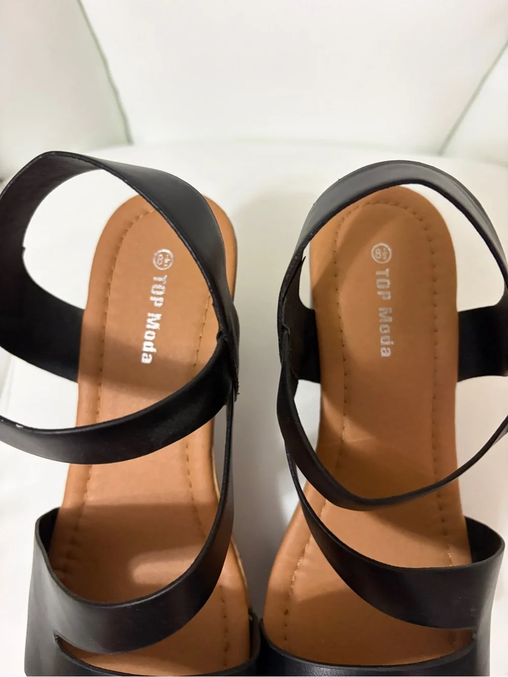 TOP Moda Black Platform Block Heel Sandals with Brown Wood-Look Sole
